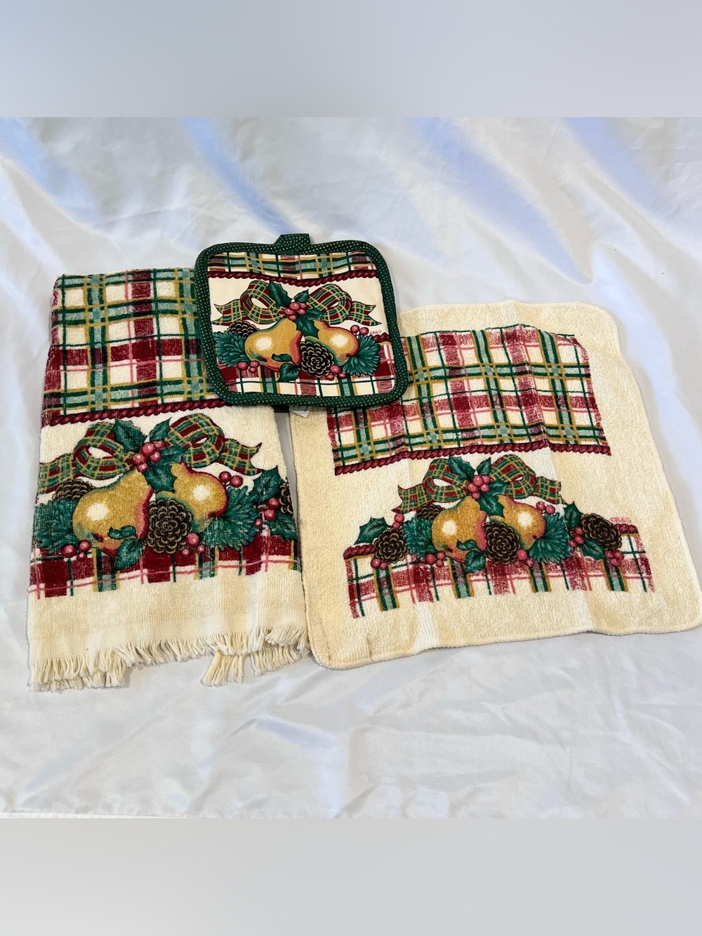 Vintage Royal Terry Christmas Kitchen Towel Set 3 Pc Plaid Pear Holly